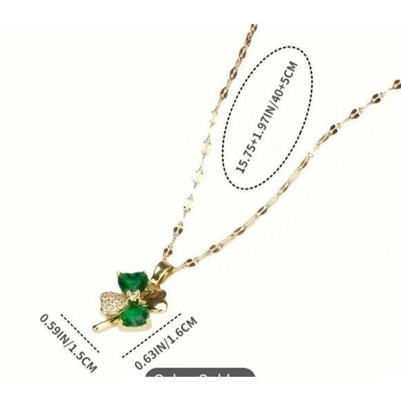 New GOLD & GREEN 4 Leaf Clover SHAMROCK Crystal Necklace - Picture 3 of 5